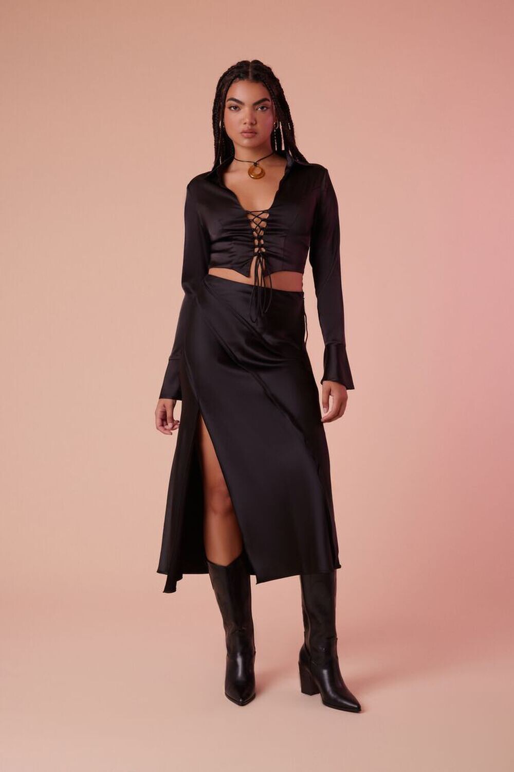

Атласная юбка-комбинация миди с разрезом Forever 21, черный
