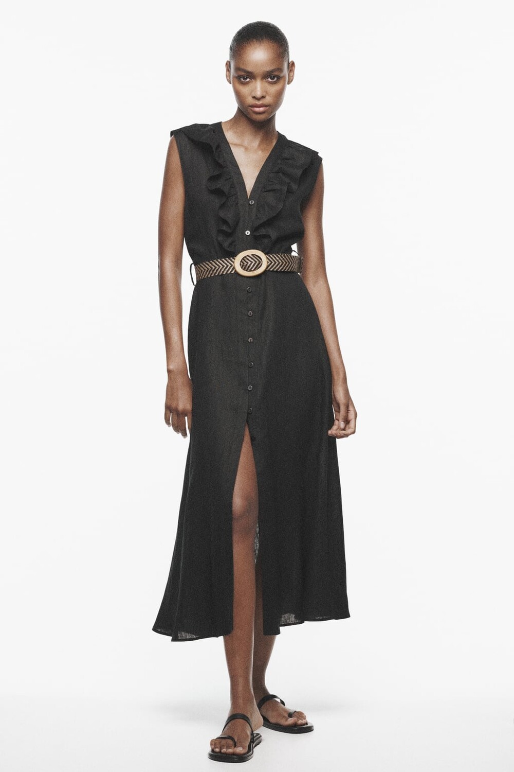 

Льняное платье миди с поясом ZARA, черный