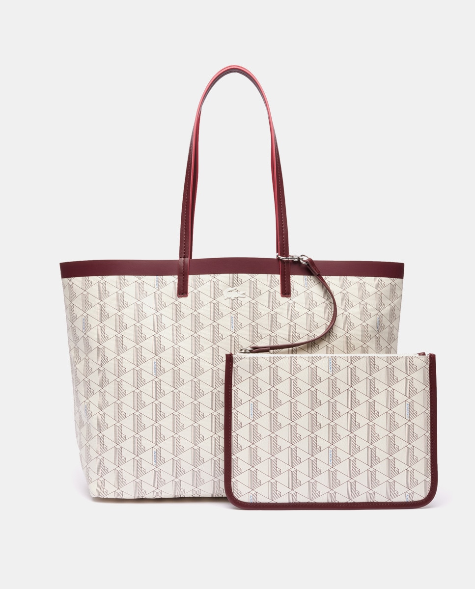 цена Белая сумка-шопер из ламинированного хлопка с контрастным принтом-логотипом Lacoste, белый
