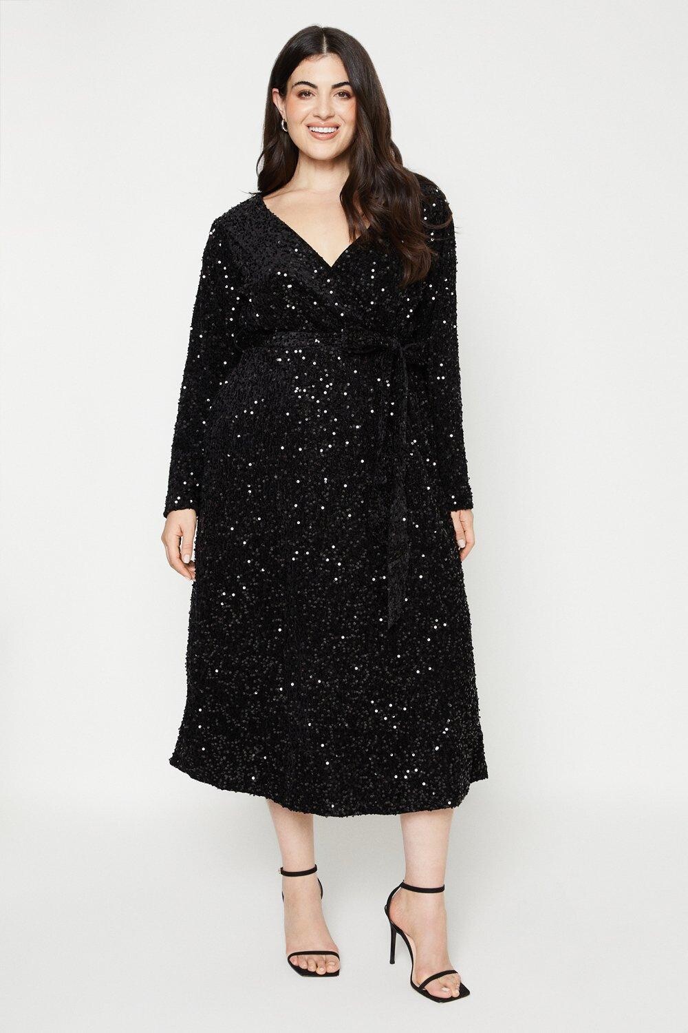 

Платье миди с запахом и пайетками Curve Dorothy Perkins, черный