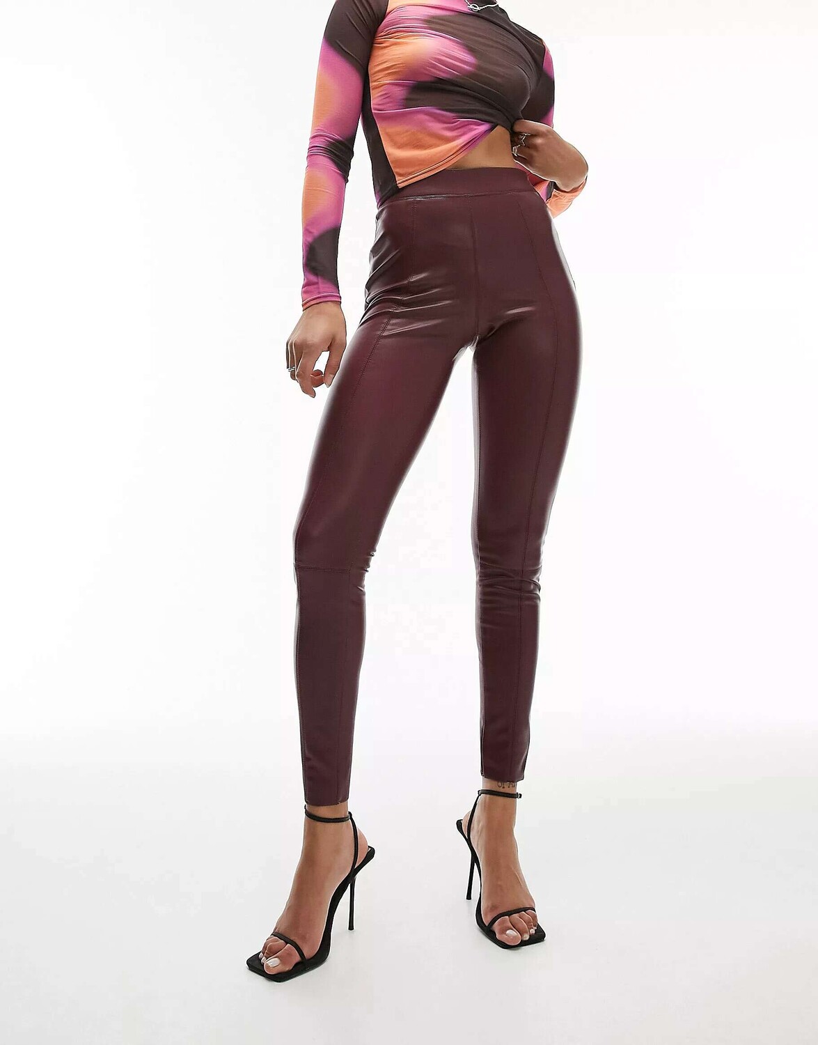 

Бордовые узкие брюки из искусственной кожи Topshop Tall, Красный