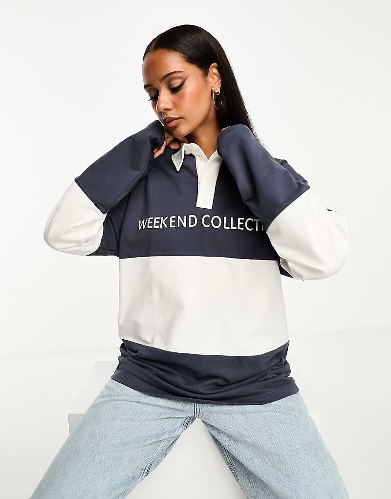 

Темно-синяя и экрю полосатая рубашка в стиле регби ASOS Weekend Collective