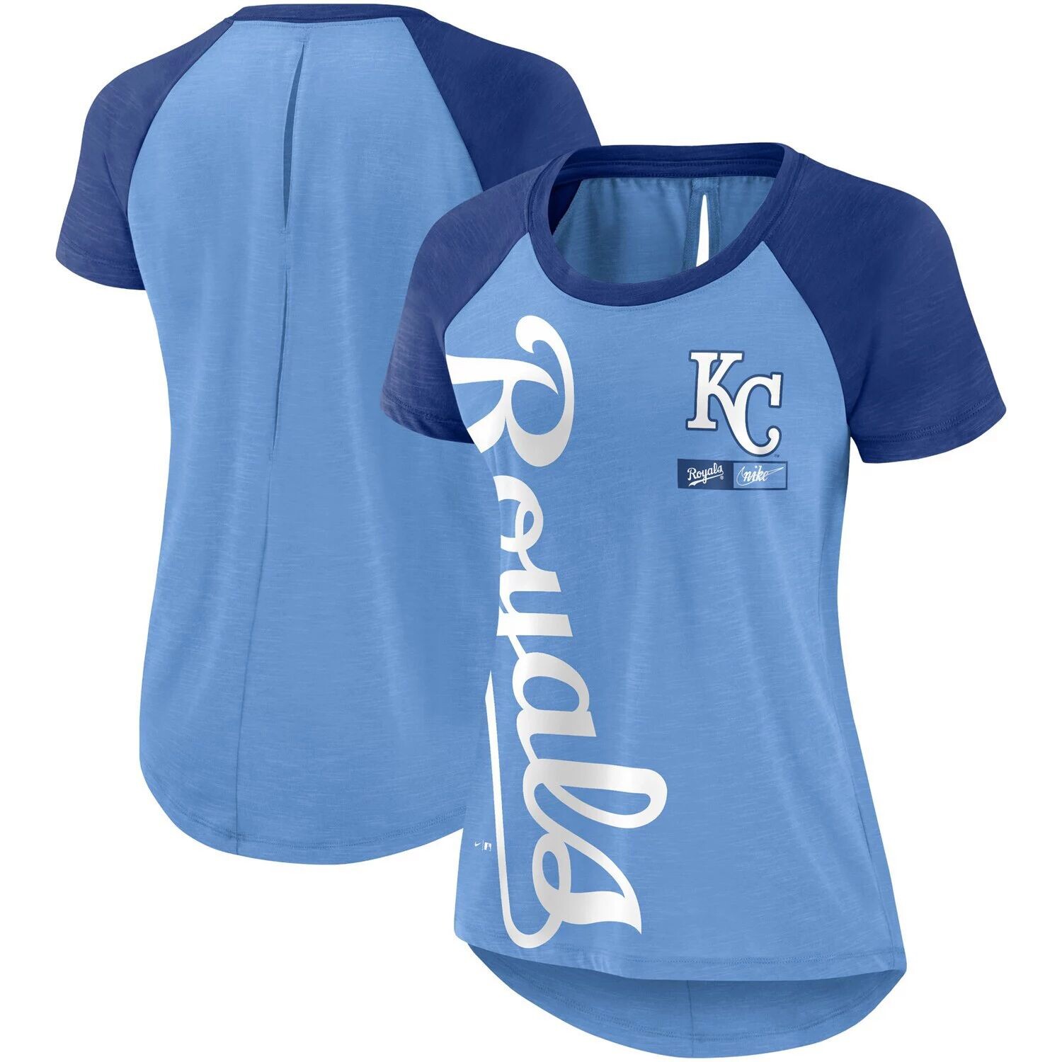 

Женская голубая футболка с принтом Nike Royal Kansas City Royals Cooperstown Collection Rewind Raglan Nike, Синий