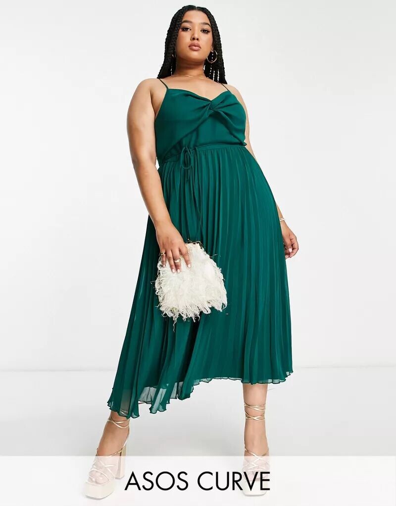 

Зеленое платье миди на бретелях со складками и поясом ASOS DESIGN Curve