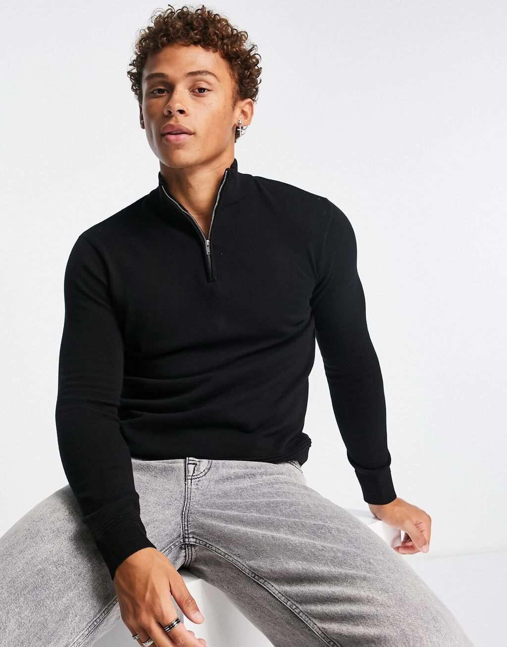

Черный вязаный джемпер с молнией 1/4 Topman Essential