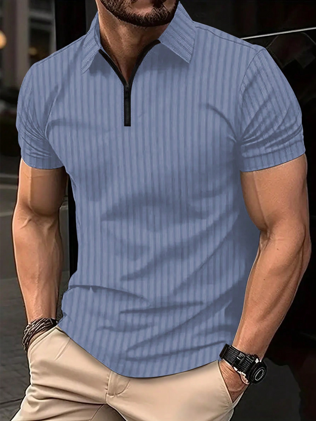 Мужская полосатая рубашка-поло с молнией до половины и короткими рукавами Manfinity Homme больших размеров, голубые