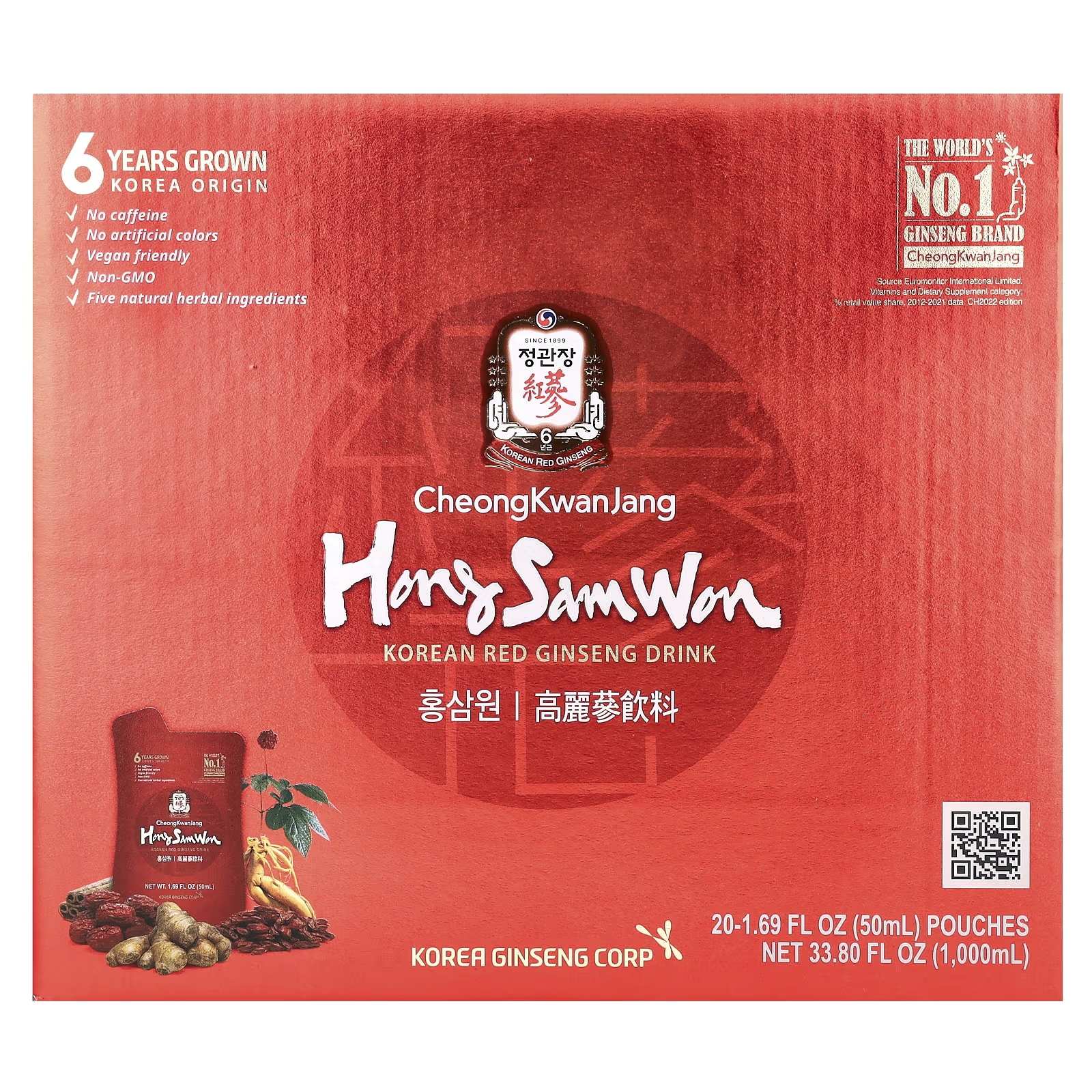 Корейский напиток CheongKwanJang Hong Sam Won из красного женьшеня, 20 пакетиков по 50 мл