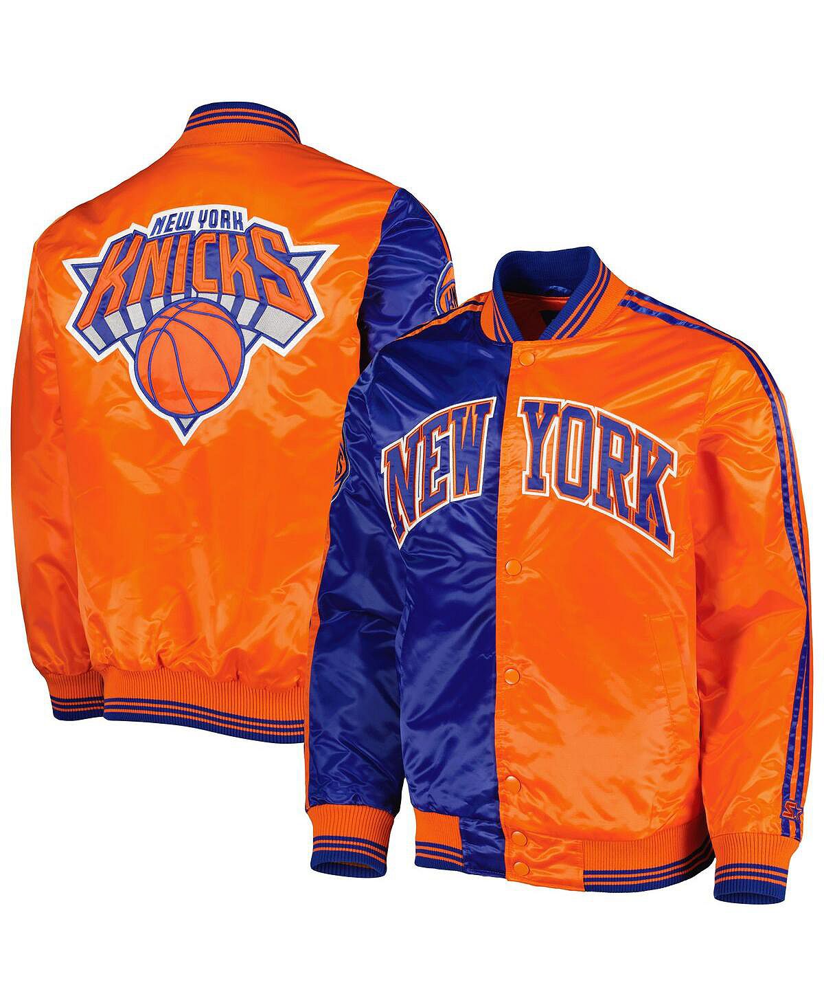 Мужская синяя, оранжевая атласная куртка с длинными кнопками New York Knicks Fast Break Starter мужская белая атласная университетская куртка с длинными кнопками new york yankeess power forward starter