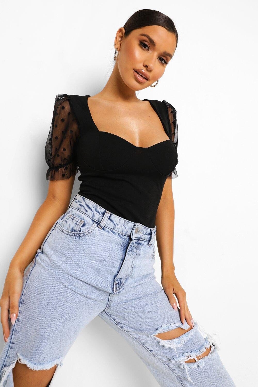 

Боди dobby mesh с светлым вырезом Boohoo, черный