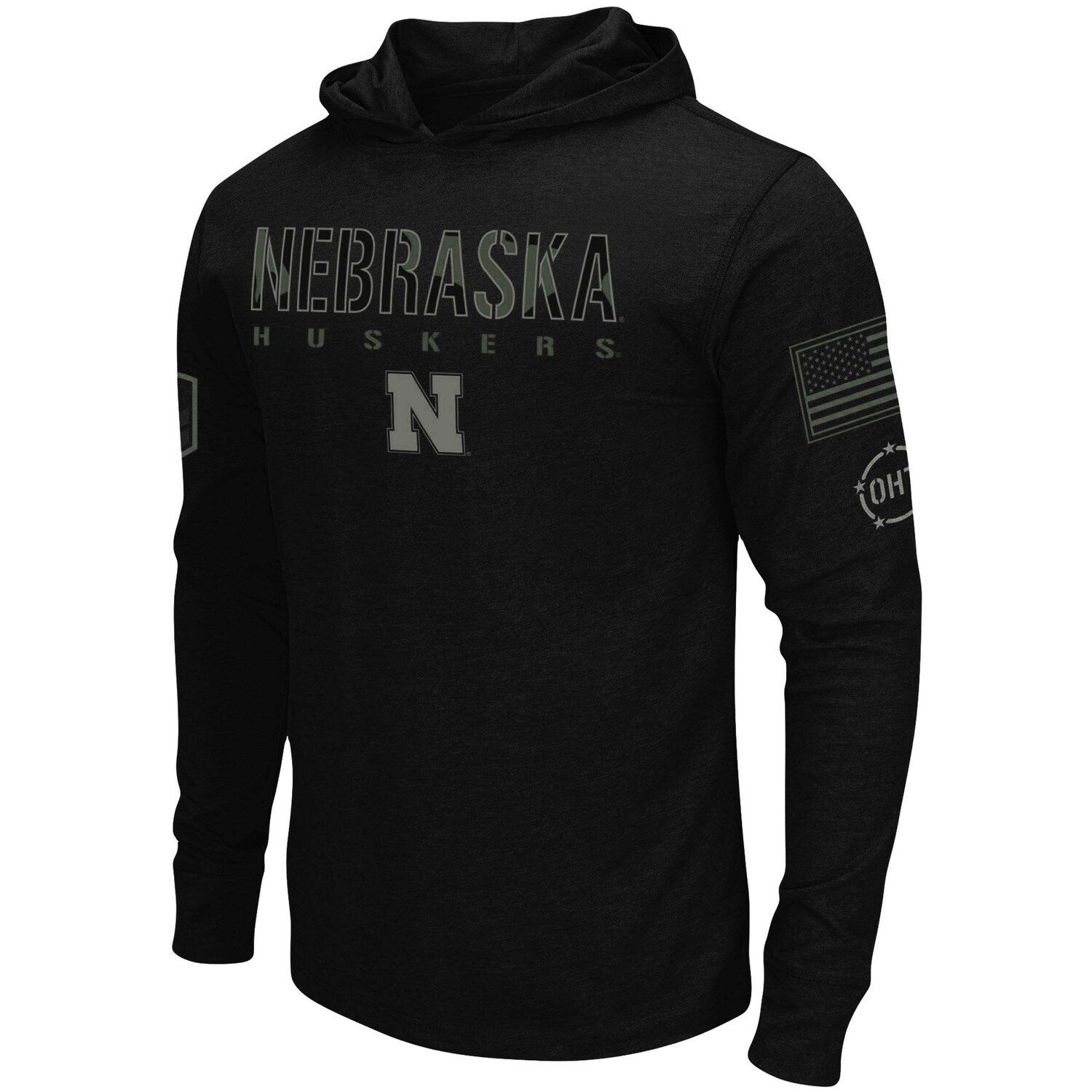 Мужская черная футболка с длинным рукавом с капюшоном Nebraska Huskers OHT Military Appreciation Colosseum мужская черная футболка с длинным рукавом и худи в стиле милитари nebraska huskers oht colosseum