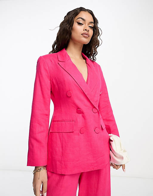 

Ярко-розовый льняной двубортный пиджак ASOS DESIGN Petite