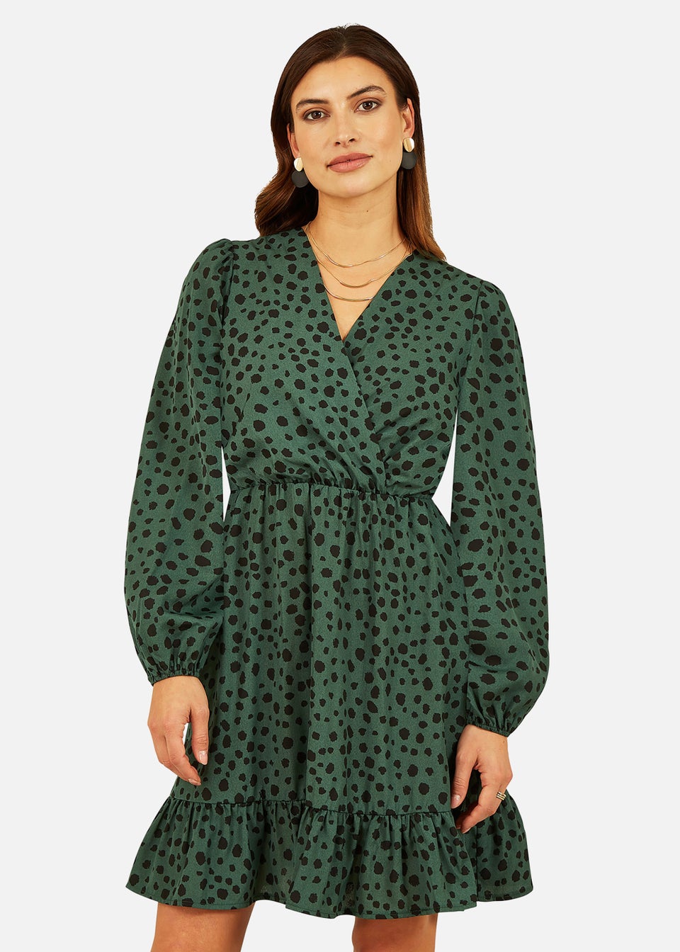 Mela Зеленое платье миди с длинными рукавами и запахом Apple с принтом Dalmatian