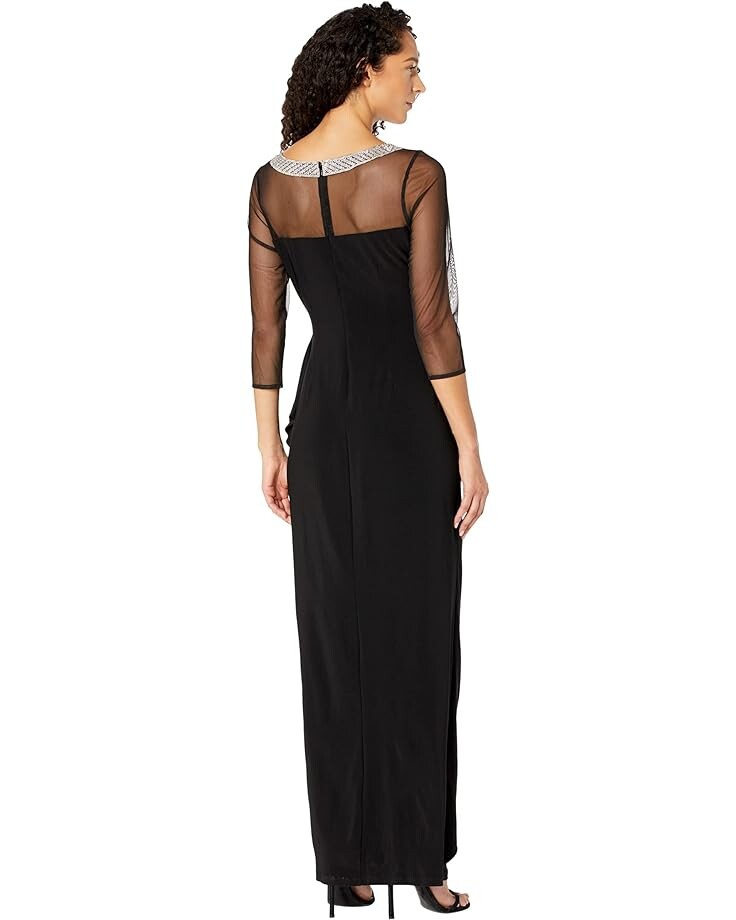 

Платье Alex Evenings Long Illusion 3/4'' Sleeve Side Ruched Dress w/ Embellished Neckline, черный