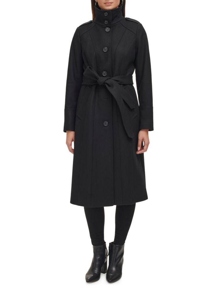 Пальто в стиле милитари с поясом из смесовой шерсти Kenneth Cole, черный пуловер в стиле тельняшки из смесовой шерсти xl черный