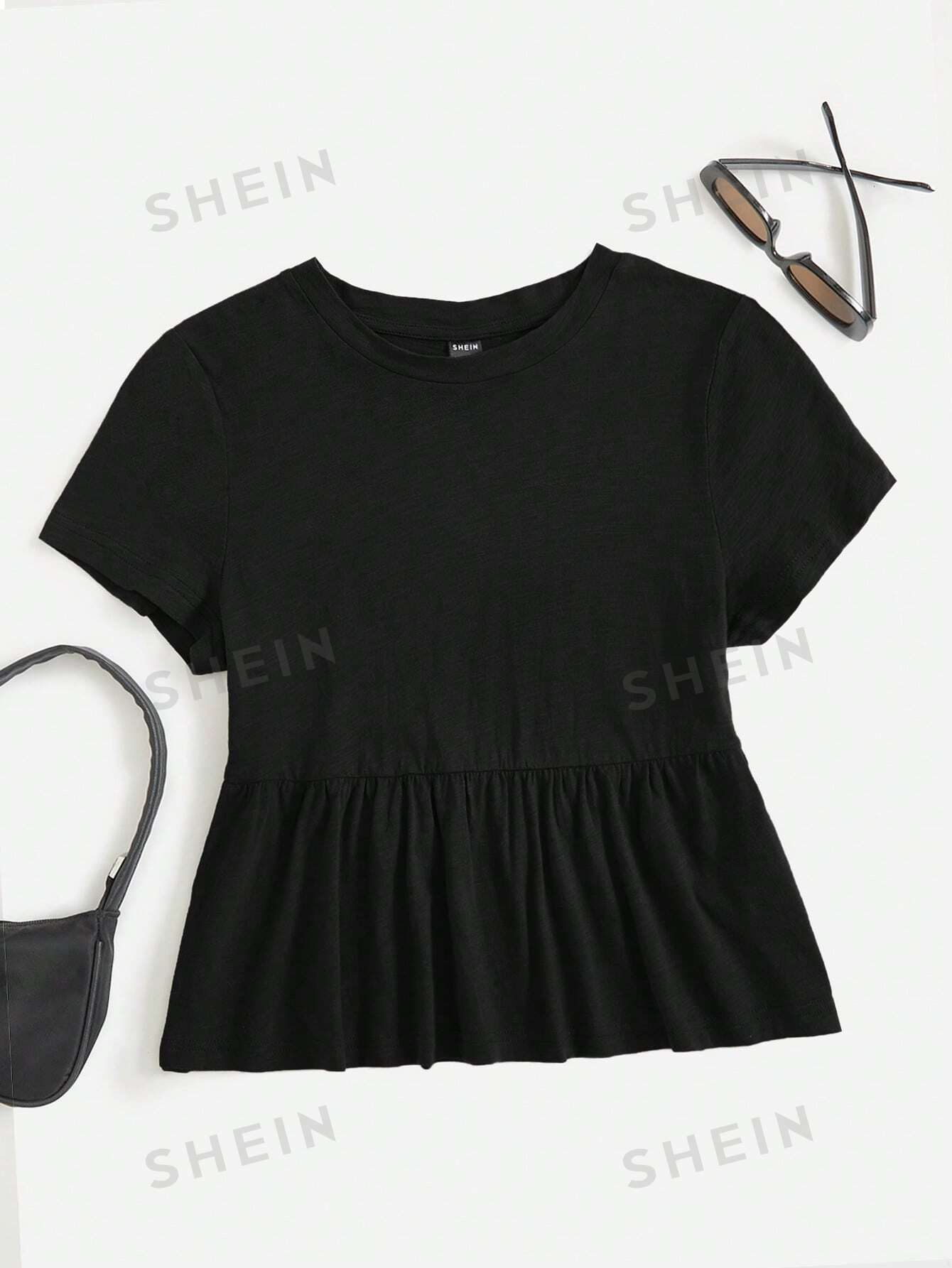 цена SHEIN EZwear Розовая женская трикотажная футболка, черный