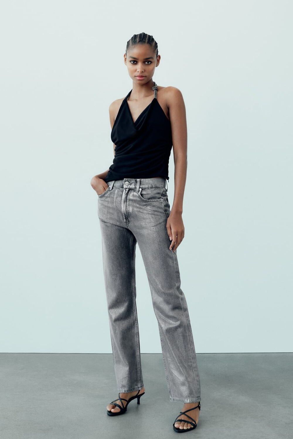 

Блестящий драпированный топ ZARA, черный