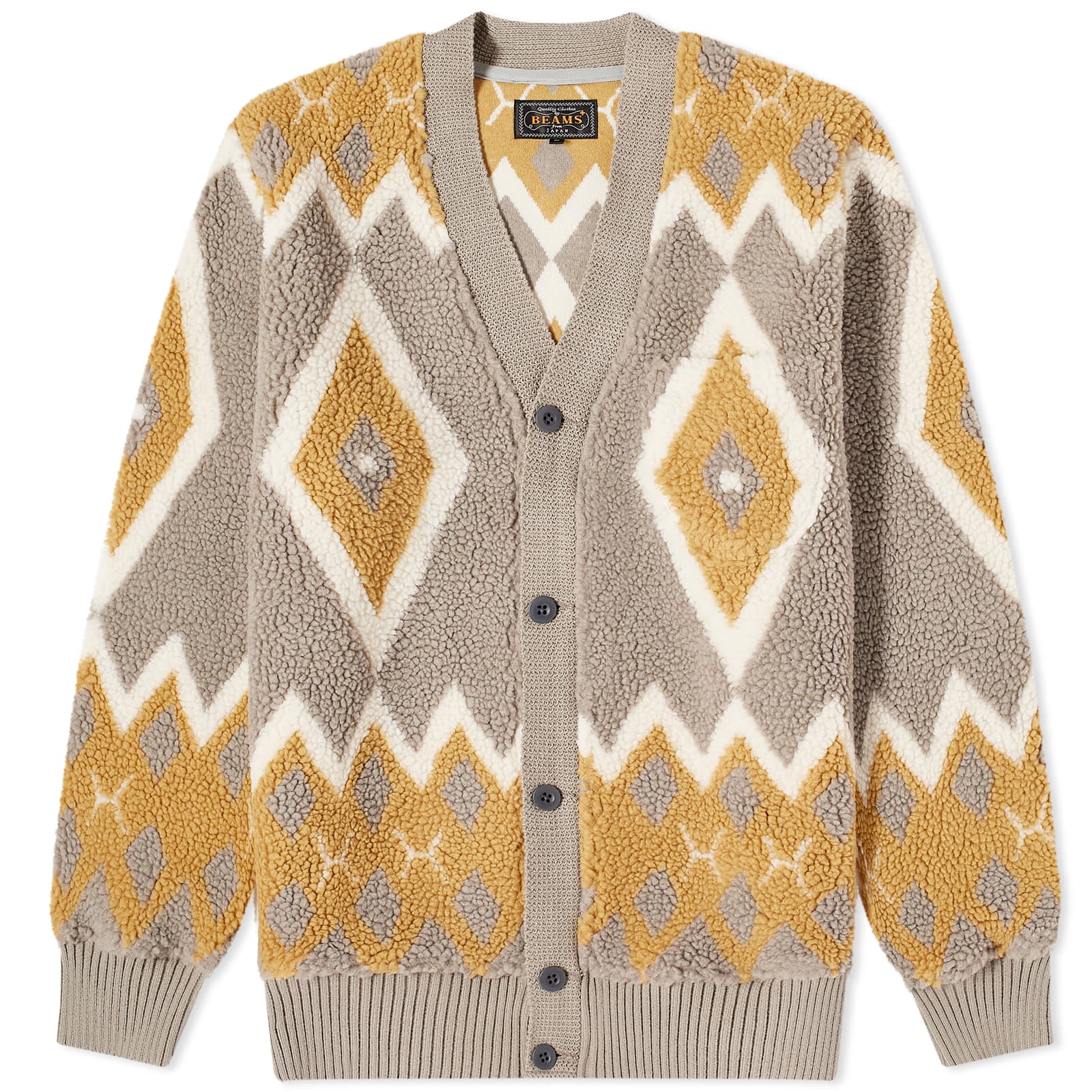 Кардиган Beams Plus Boa Jacquard, цвет Light Grey & Mustard