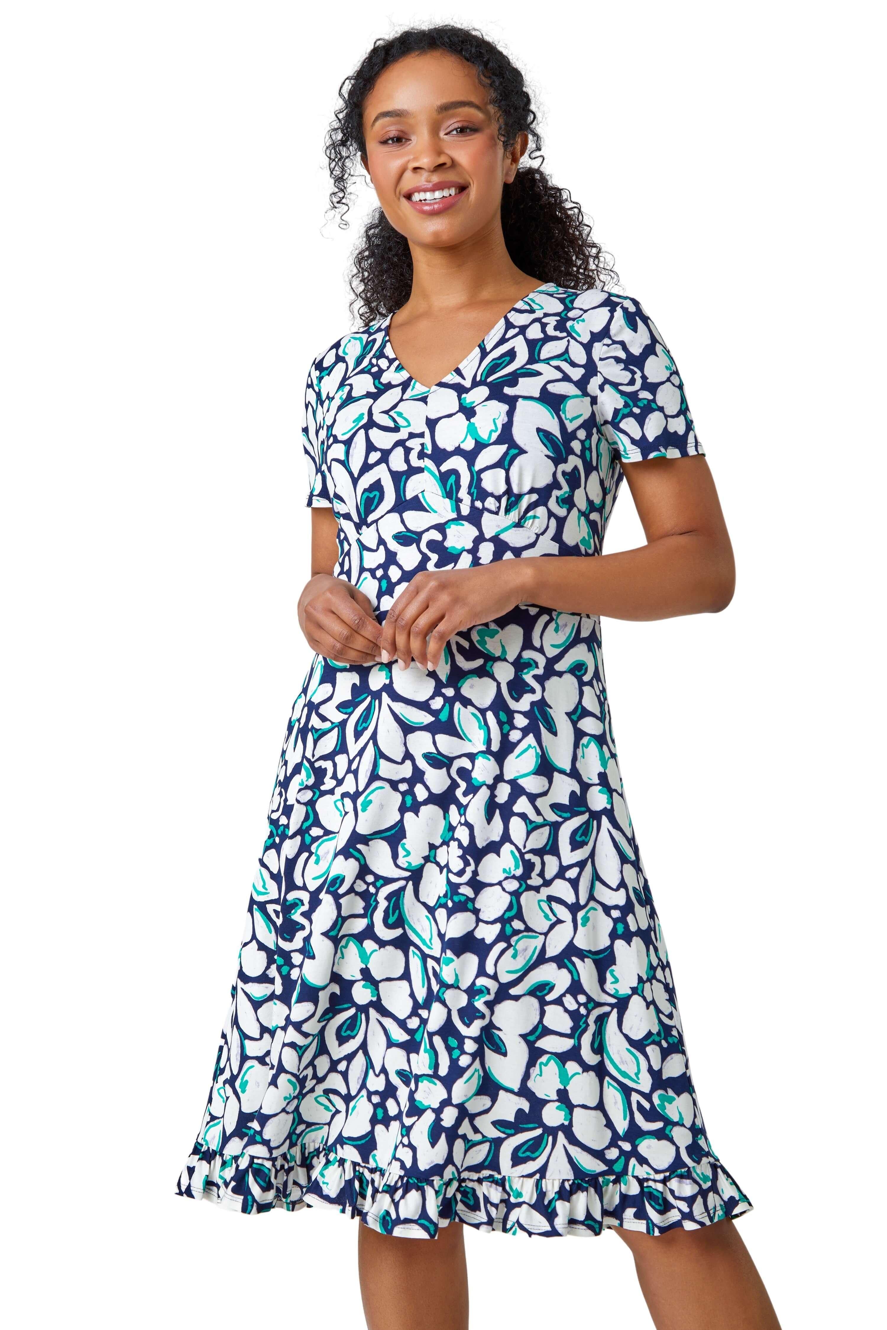Эластичное платье Petite с цветочным принтом и оборкой по краю Roman, синий платье с цветочной вышивкой roman белый