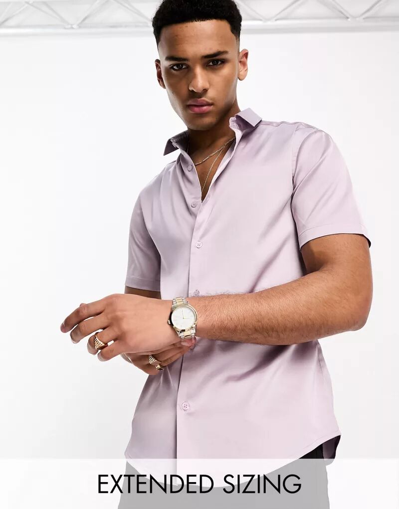Атласная рубашка узкого кроя с закатанными рукавами ASOS пыльно-сиреневого цвета атласная рубашка узкого кроя медного цвета asos