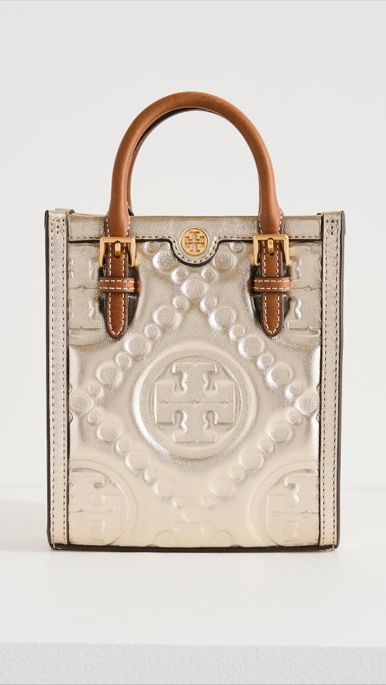 

Сумка-тоут Tory Burch T Monogram Embossed Metallic Mini, золотой