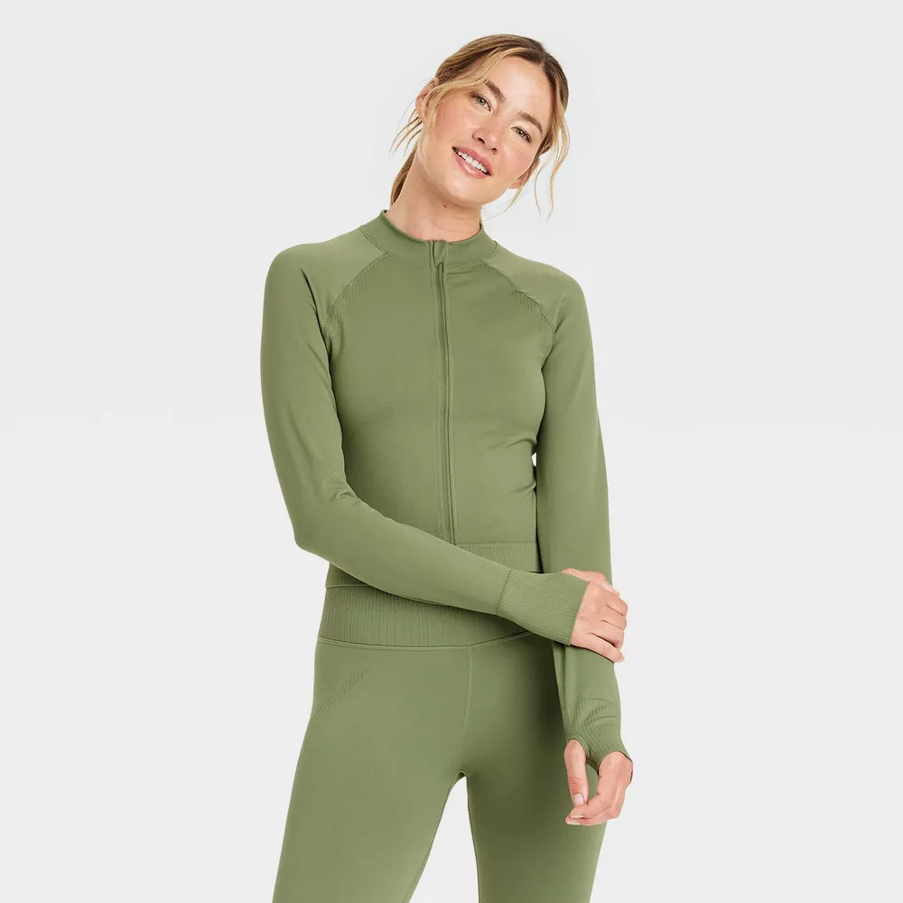

Женская бесшовная приталенная куртка на молнии - JoyLab, цвет Olive Green