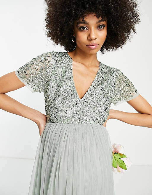 

Платье макси из тюля Maya Maternity Bridesmaid с короткими рукавами и изящными пайетками в тон шалфейного цвета