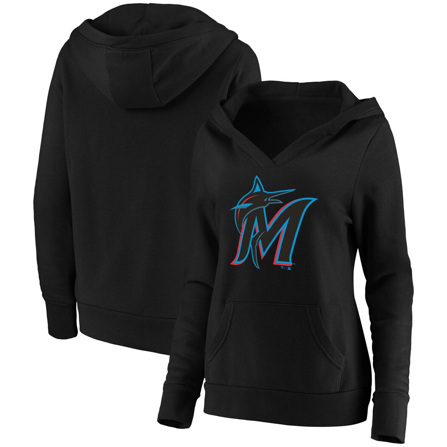 

Женский пуловер с капюшоном Fanatics черного цвета с официальным логотипом Miami Marlins и V-образным вырезом Fanatics