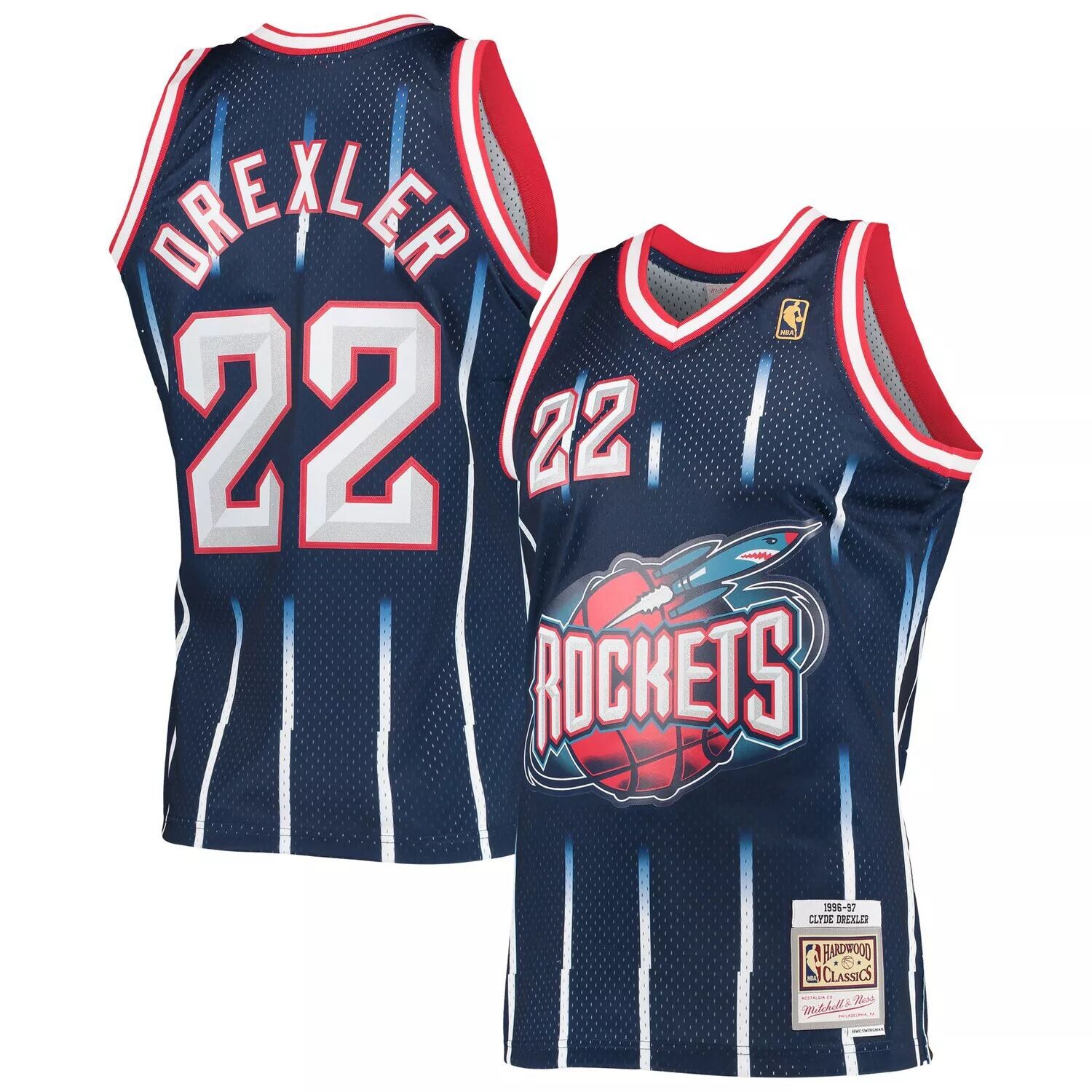 

Мужская майка Mitchell & Ness Clyde Drexler Navy Houston Rockets 1996-97 Hardwood Classics Swingman