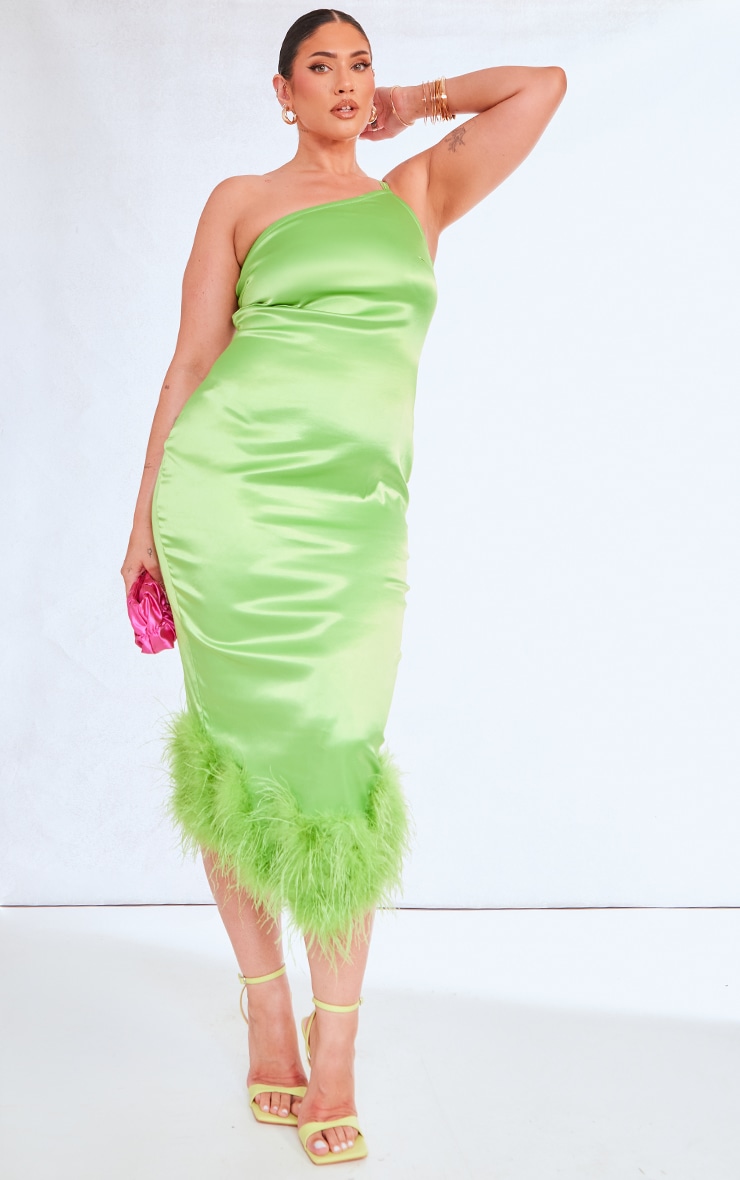 цена PrettyLittleThing Платье миди на одно плечо цвета лаймового атласа с отделкой перьями