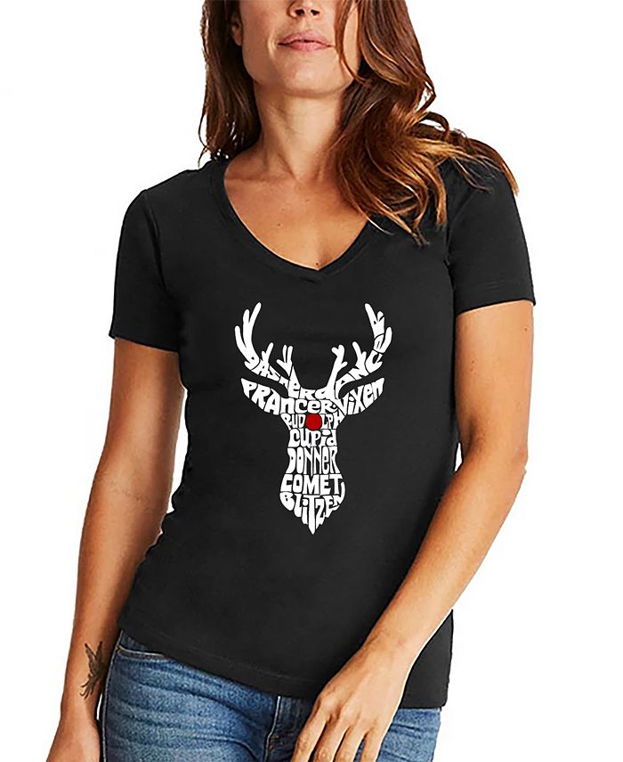 Женская футболка с v-образным вырезом и надписью Santa's Reindeer Word Art LA Pop Art, черный рождественские подарки этикетки сани санты inna marka