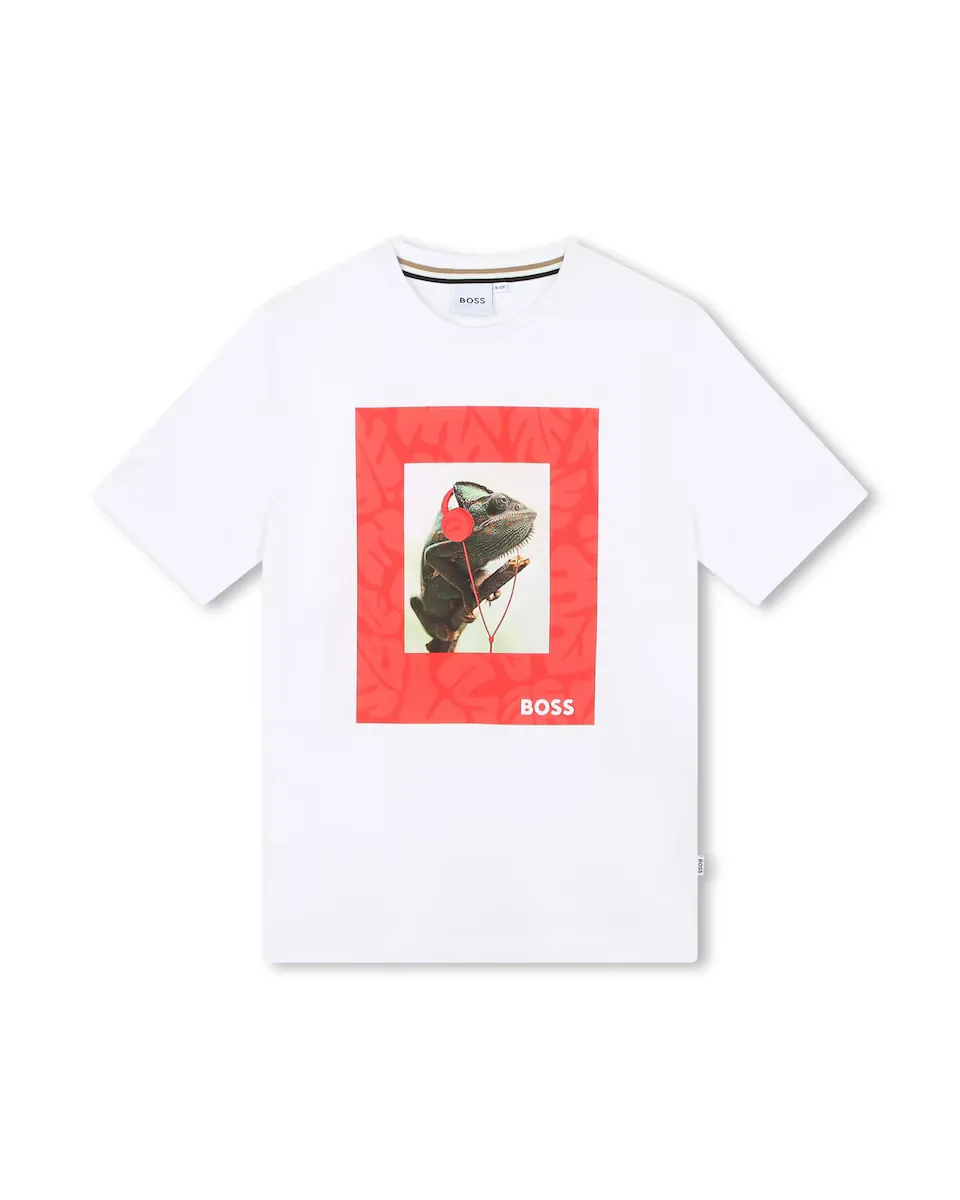 

Футболка для мальчика с короткими рукавами и рисунком спереди BOSS Kidswear, белый