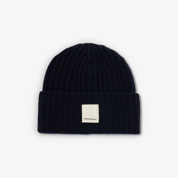 

Шапка-бини из смесовой шерсти с фирменной нашивкой Emporio Armani, темно-синий