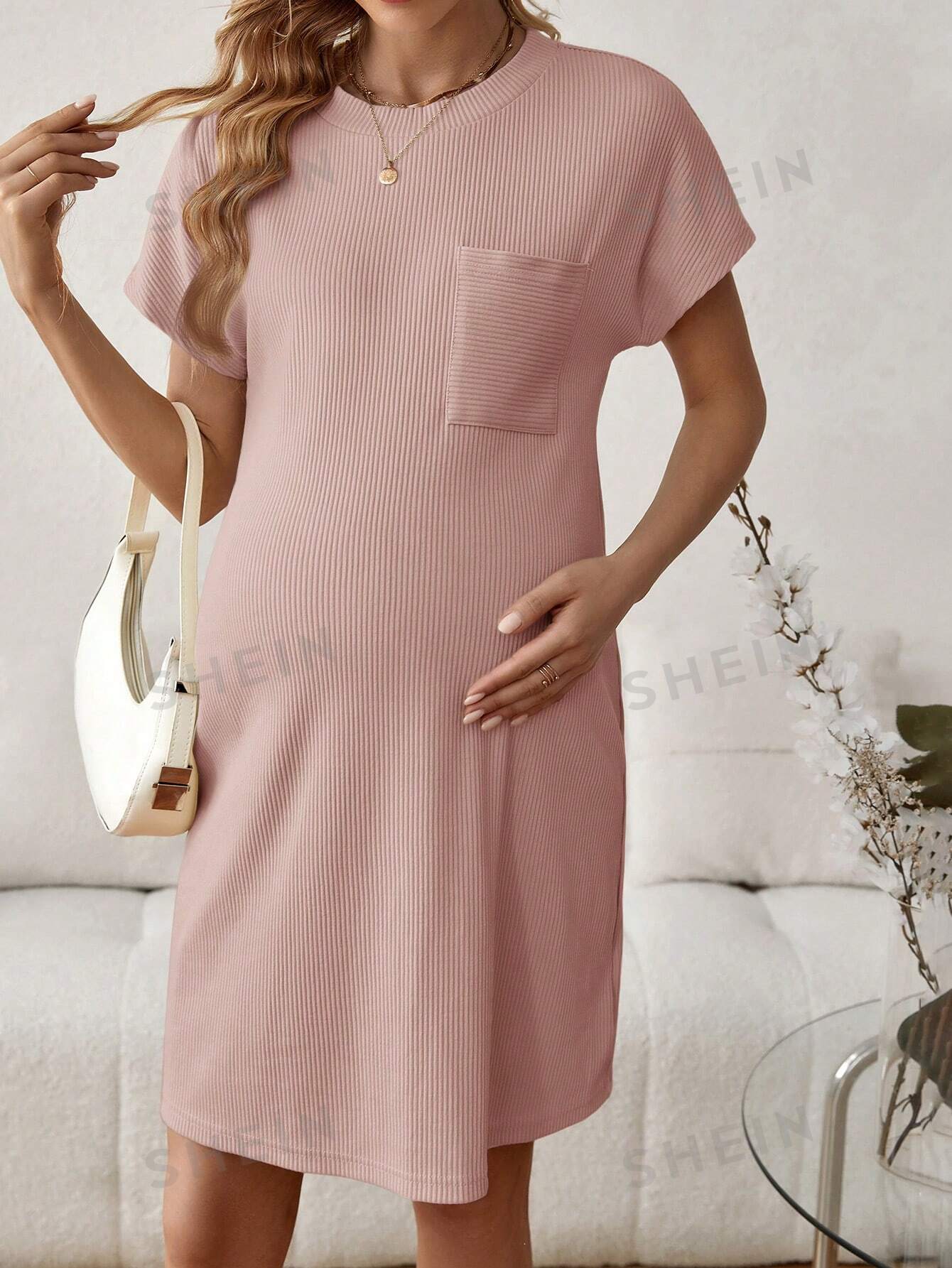 цена SHEIN Однотонное повседневное платье с карманами и рукавами «летучая мышь» для беременных, розовый