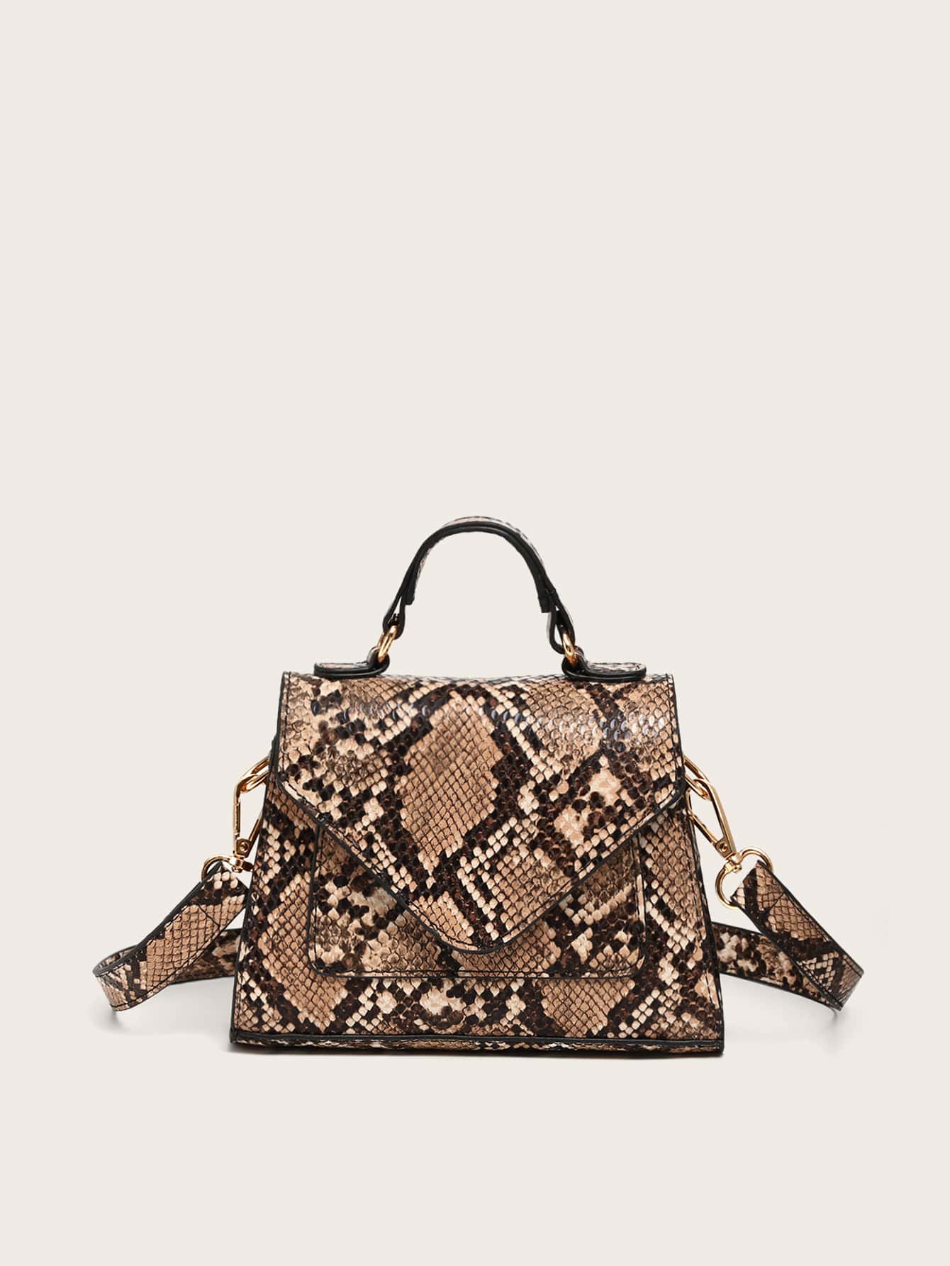 Миниатюрная сумка-саквояж со змеиным принтом, кофейный коричневый