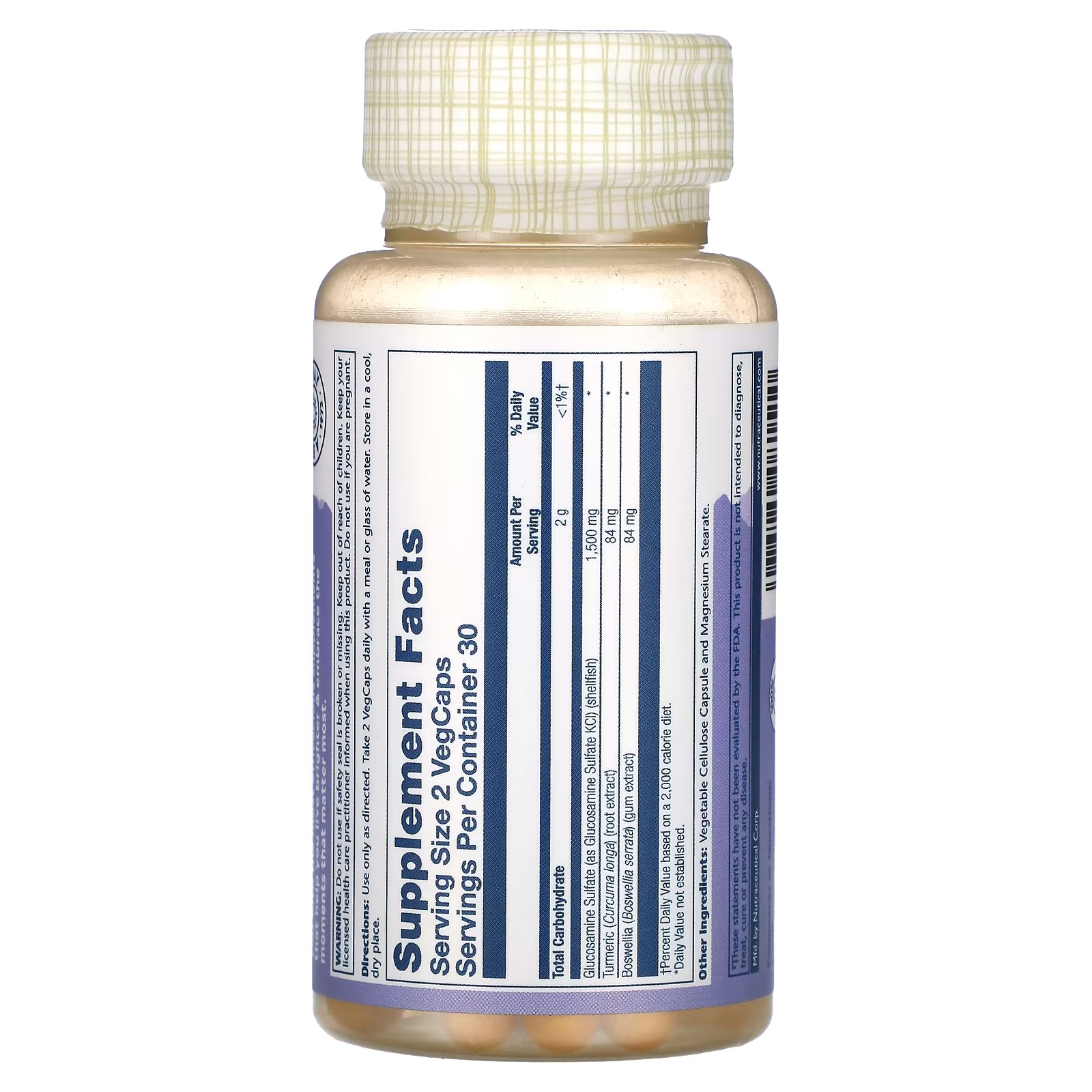 Solaray Глюкозамин сульфат с куркумой и босвеллией, 1500 мг, 60 растительных капсул (750 мг на капсулу)