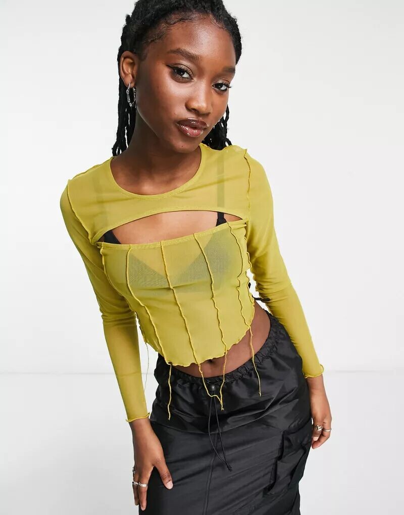 

Оливково-зеленый сетчатый топ ASOS с открытыми швами и вырезами, Желтый