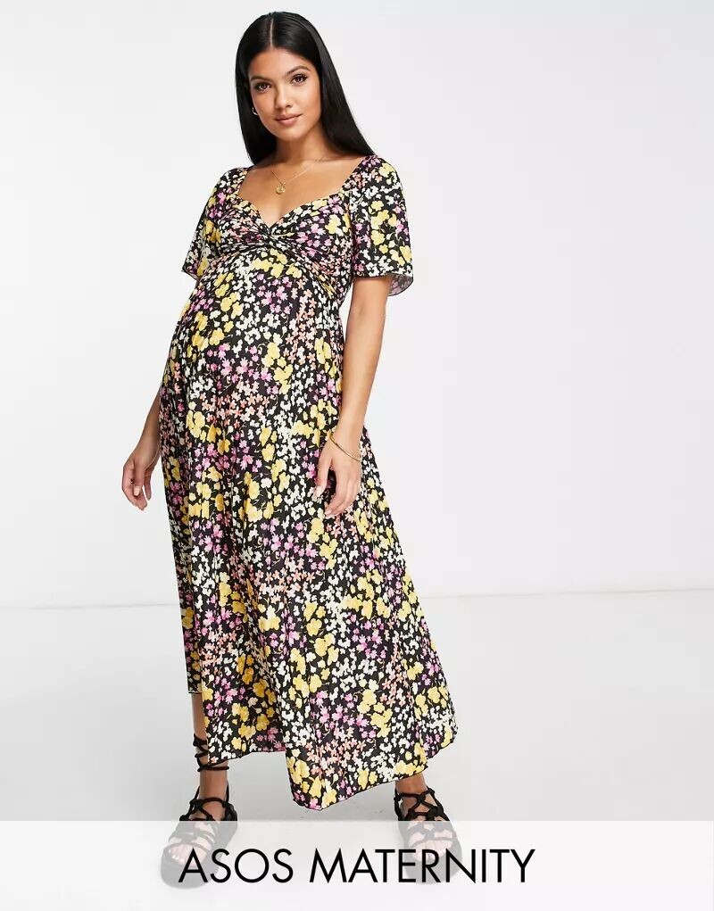 

Черное плиссированное платье миди с узлом и цветочным принтом ASOS DESIGN Maternity