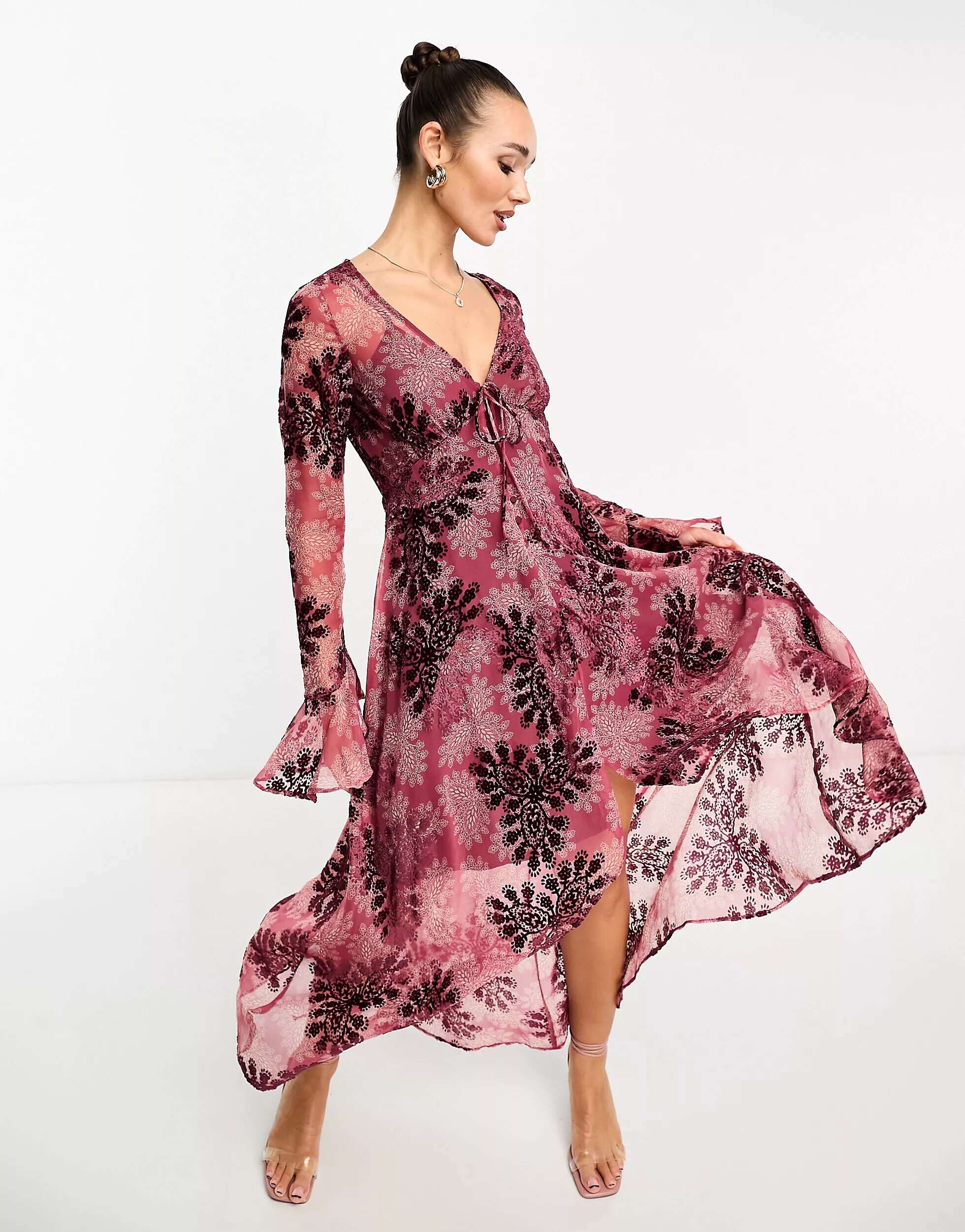 Розовое бархатное платье миди с высоким низким подолом и низким подолом ASOS