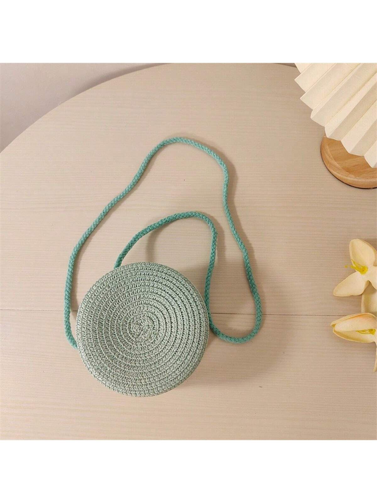 Мини-минималистичная соломенная сумка Простая круглая соломенная сумка, мятно-зеленый
