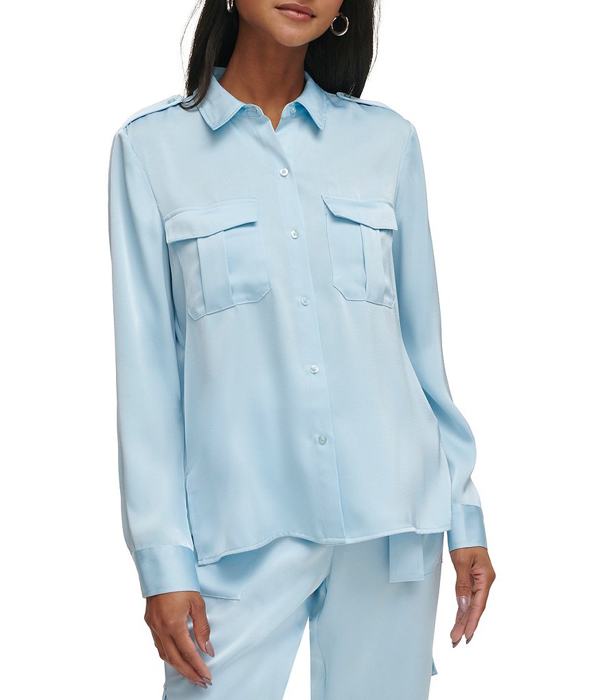 цена Атласная блузка с воротником на пуговицах Calvin Klein, синий