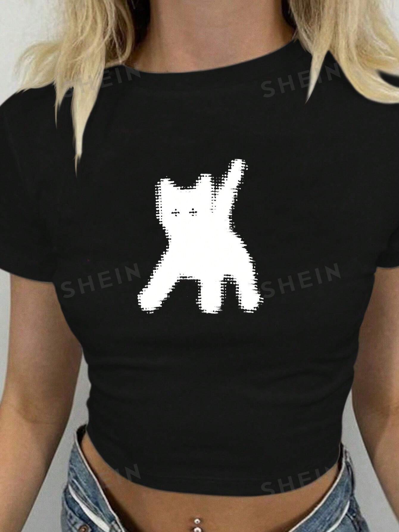 мужская футболка с забавным животным футболка с 3d принтом кота и коротким рукавом топы Женская футболка Y2k с коротким рукавом и принтом слогана, черный