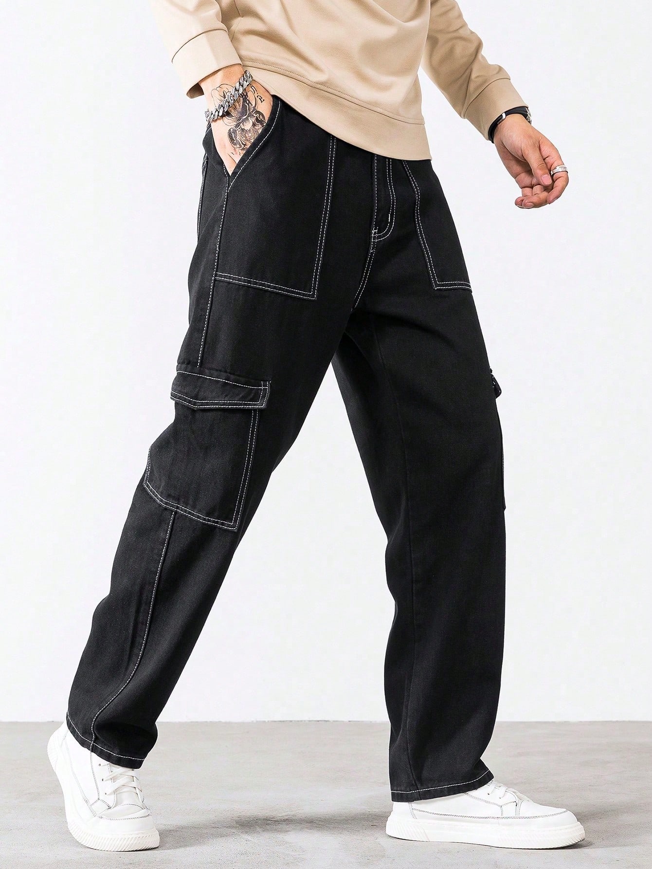 Мужские джинсы-карго из денима Manfinity Hypemode больших размеров с угловыми карманами, черный