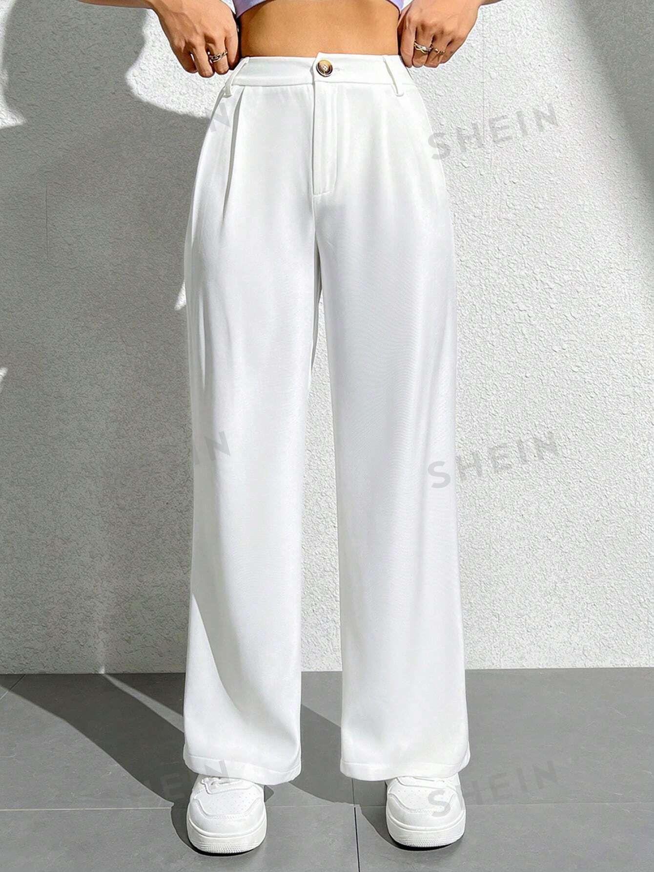 SHEIN PETITE Женская рабочая одежда Однотонные широкие брюки, белый