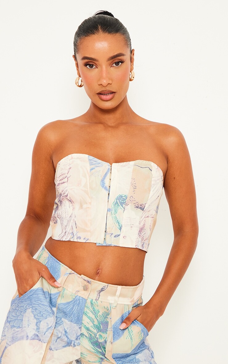

PrettyLittleThing Корсет-бандо телесного цвета с принтом из саржи и вставками-карго