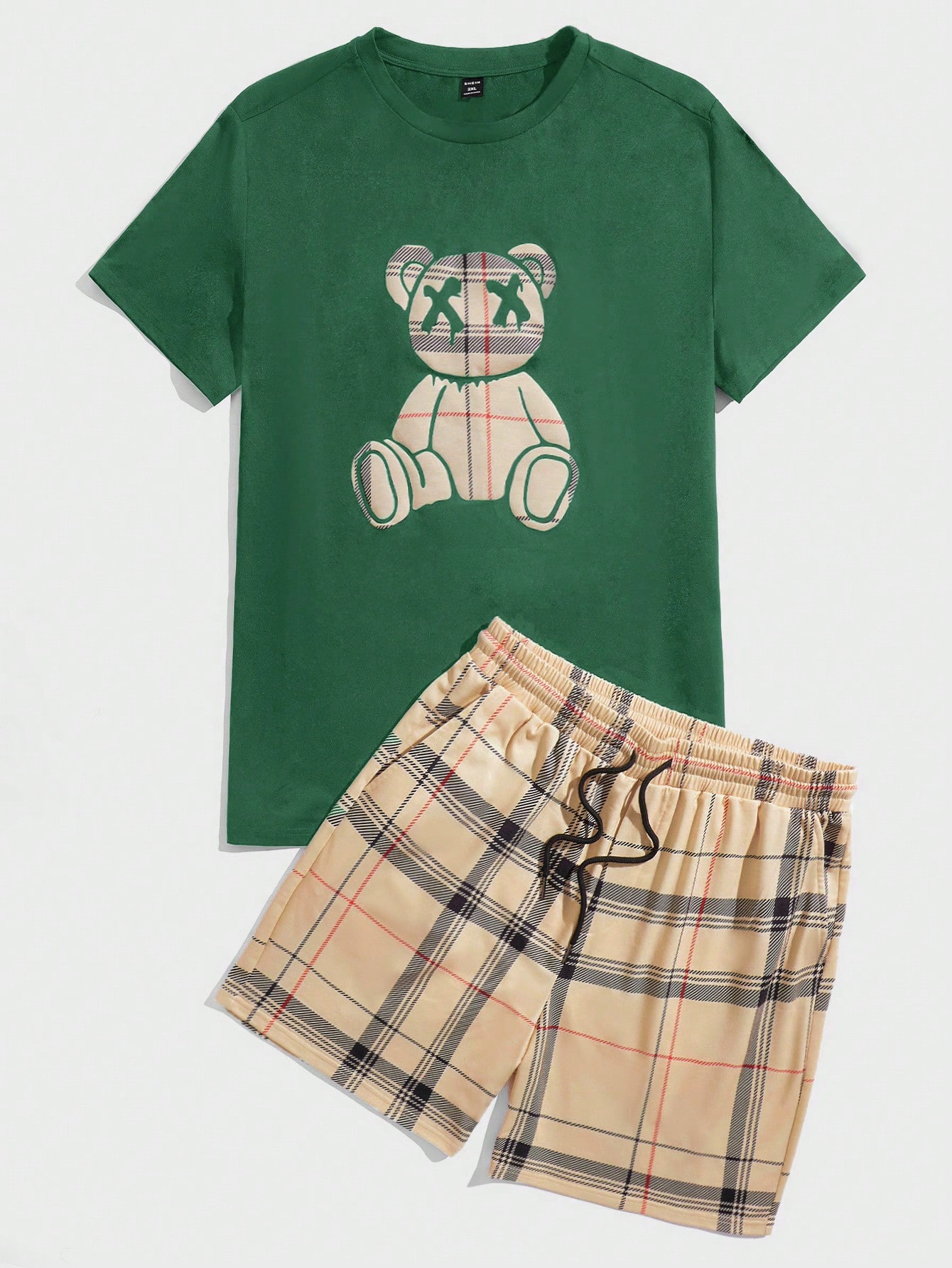 Manfinity Hypemode Мужская футболка и шорты в клетку с мультяшным принтом больших размеров, темно-зеленый весенний пижамный комплект kawaii dog женская однобортная блузка с мультяшным принтом брюки домашний костюм из двух предметов зеленая одежд