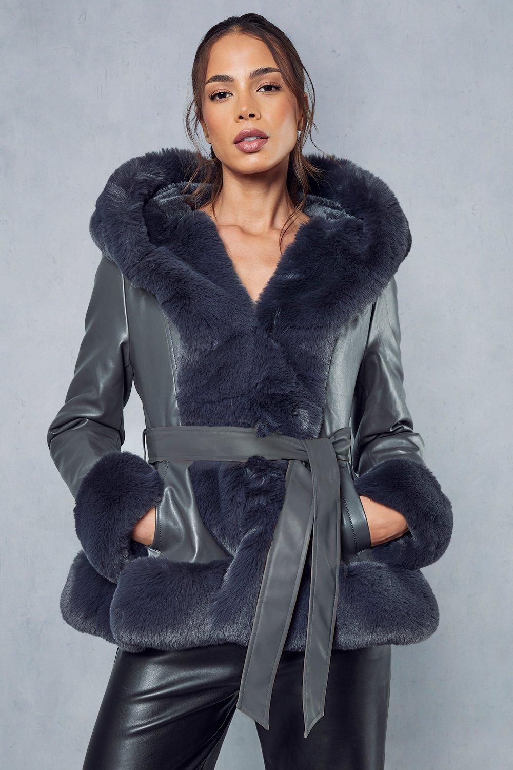 Кожаное пальто с поясом из искусственного меха MISSPAP, серый пальто макси с капюшоном из искусственного меха misspap черный