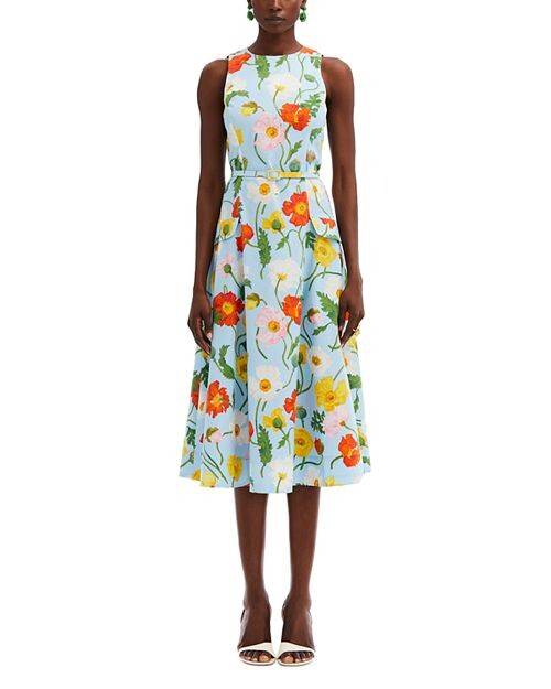 

Платье без рукавов с поясом Painted Poppies Oscar de la Renta, цвет Blue