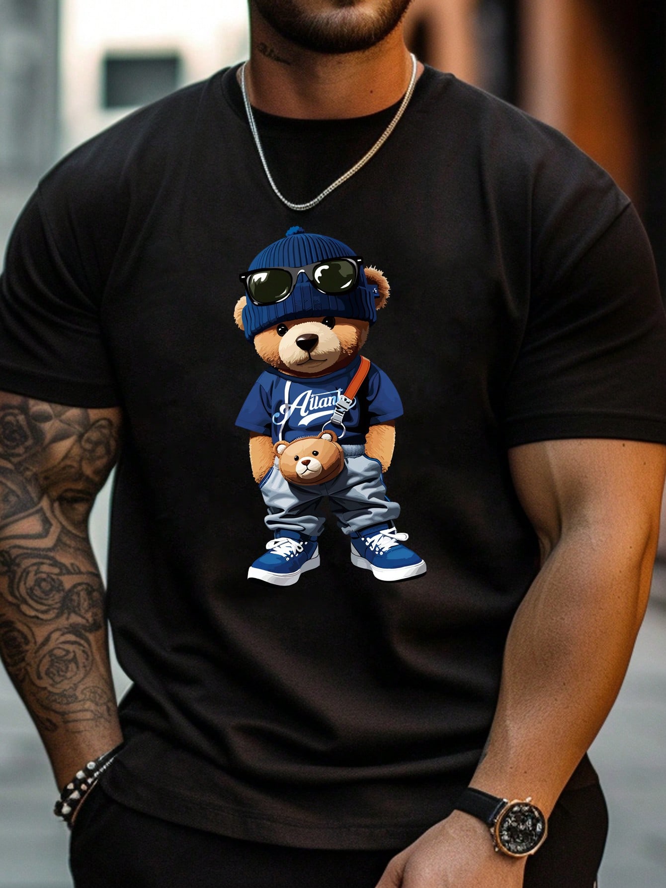 Мужская трикотажная футболка с круглым вырезом и короткими рукавами Manfinity EMRG большого размера с мультяшным медведем и принтом, черный