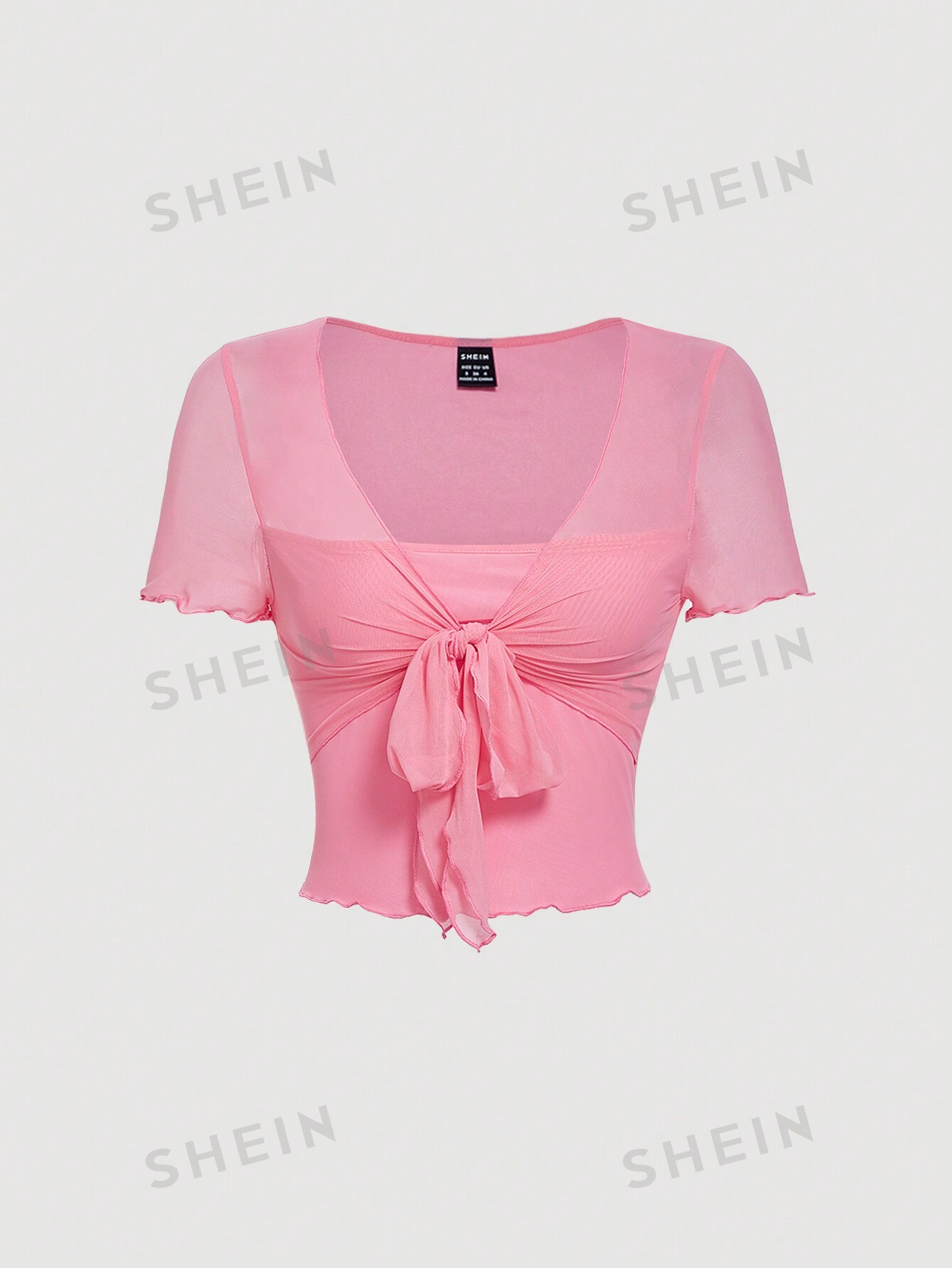 SHEIN MOD Женская футболка из одноцветной сетки с завязками спереди, розовый