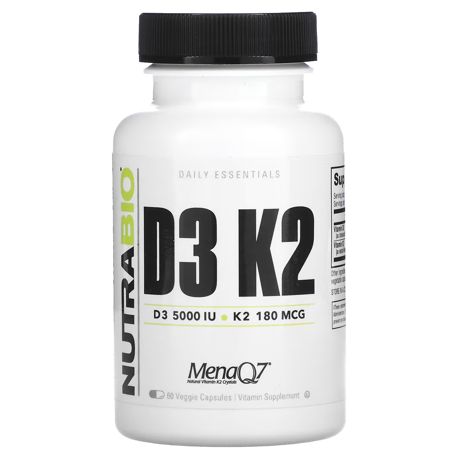 Пищевая добавка NutraBio D3 K2, 60 растительных капсул